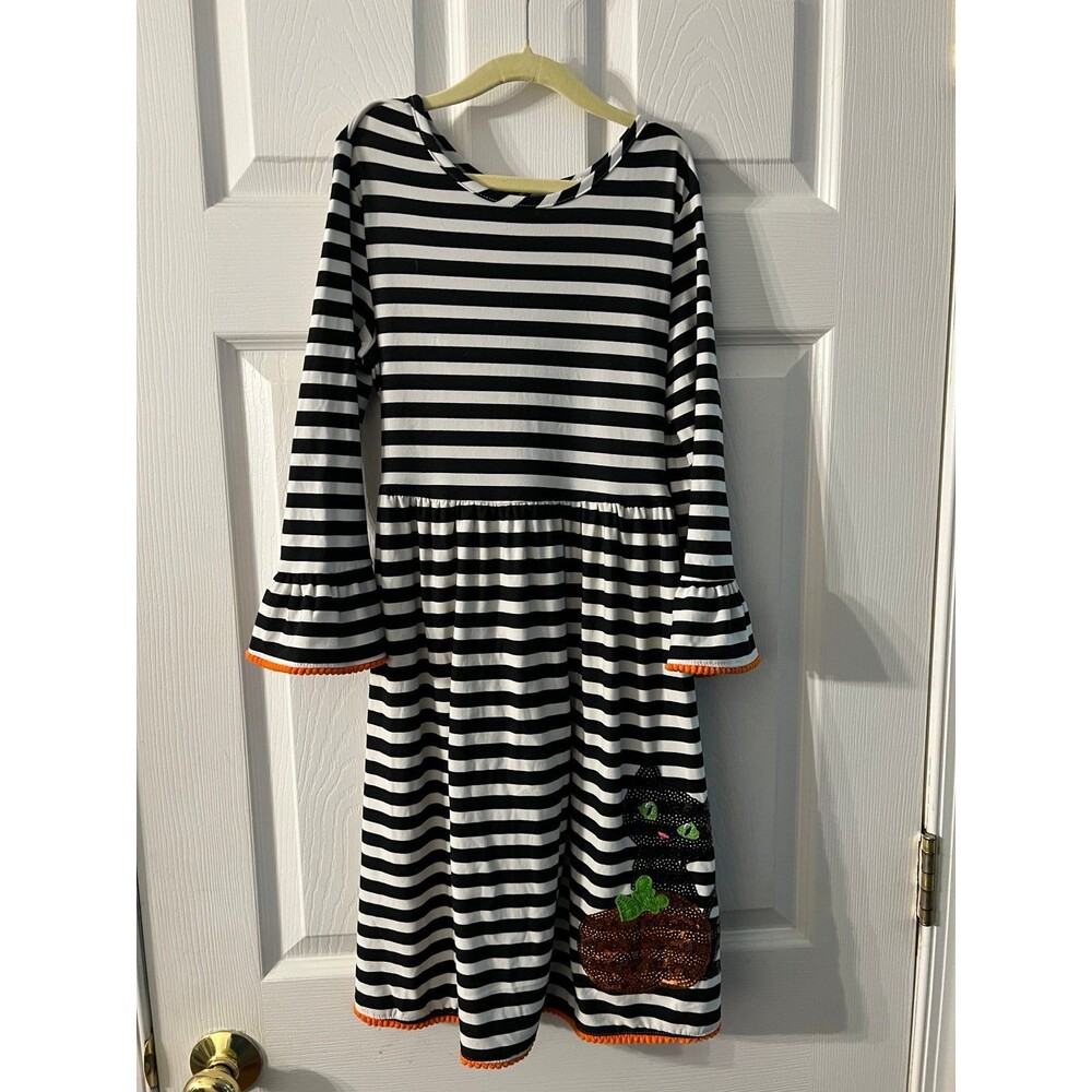 Rare Editions Girls Size 14 Halloween Striped Dress Sequin Cat Pumpkin EUC